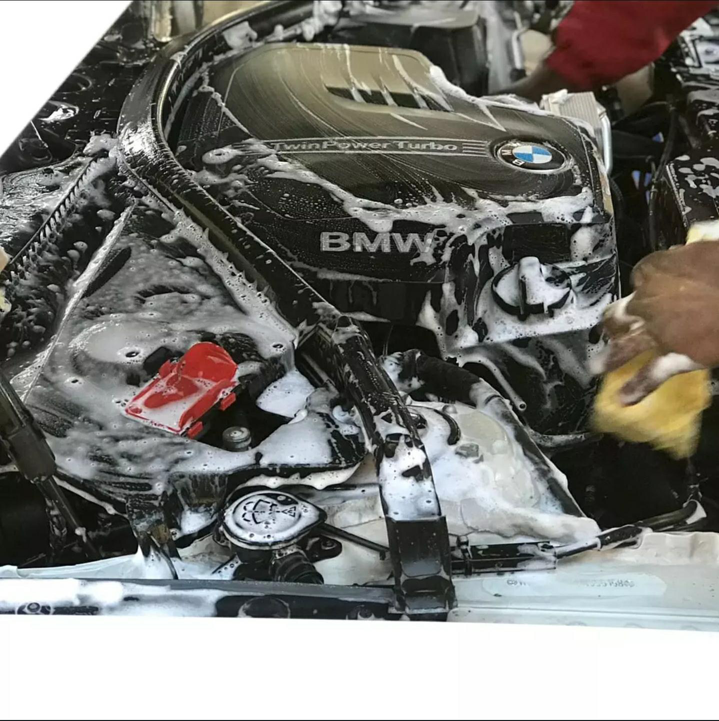 BMW engine being cleaned with foam